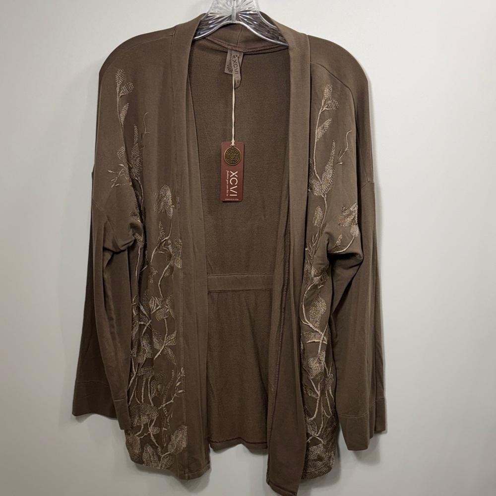 XCVI Women’s Brown Embroidered Open Front Sweater Cardigan size XS. NWT.